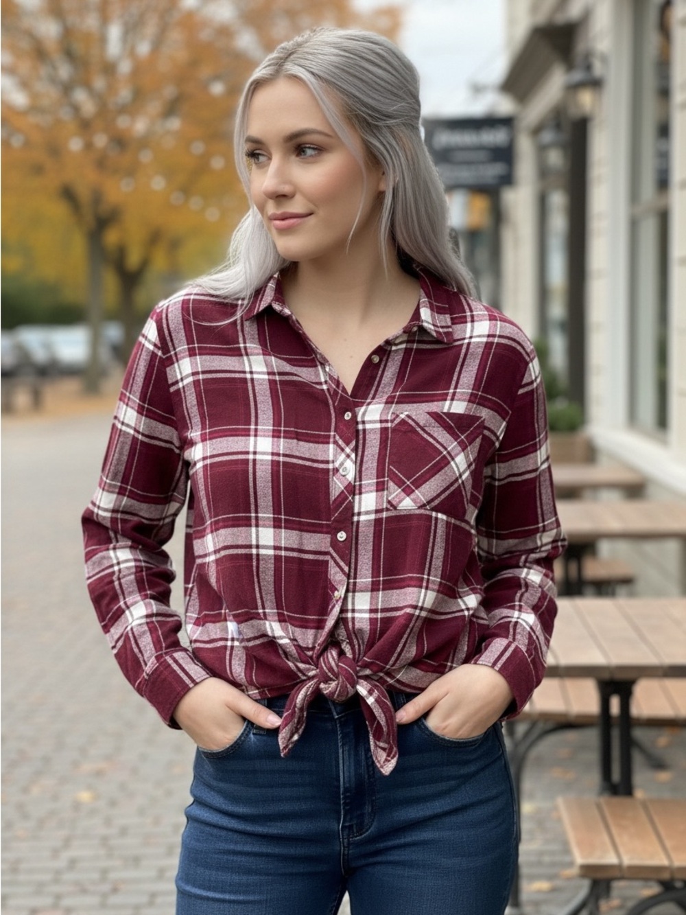 Arizona Jean Company Burgundy Plaid Button-Front Shirt